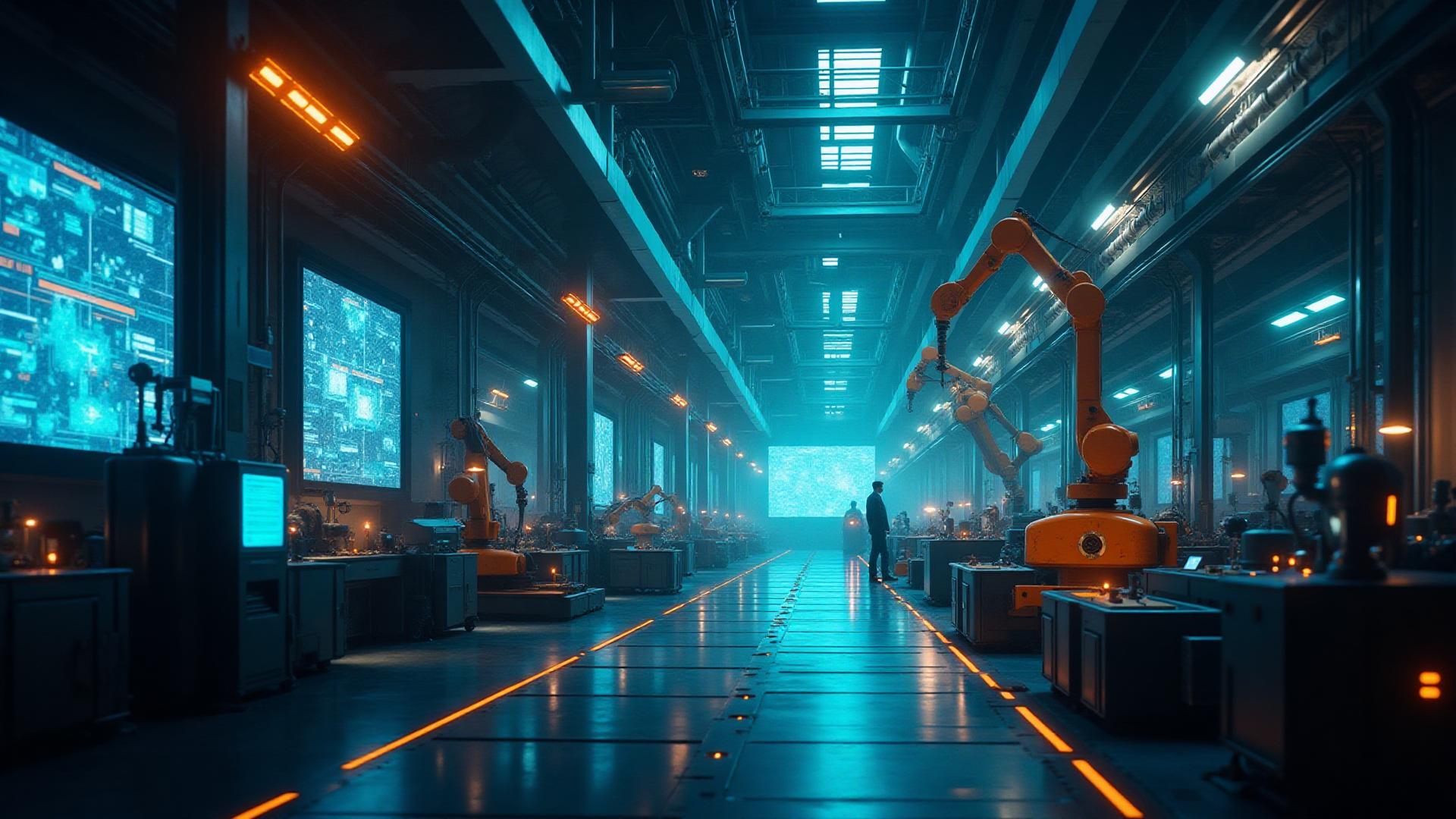 Futuristic industrial plant with AI connections